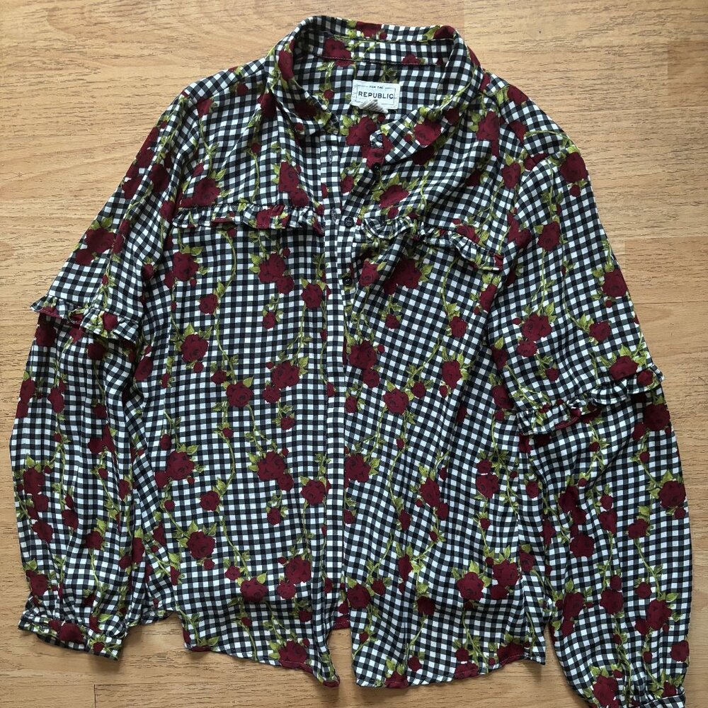 For The Republic Long Sleeve Black and White Gingham Shirt
